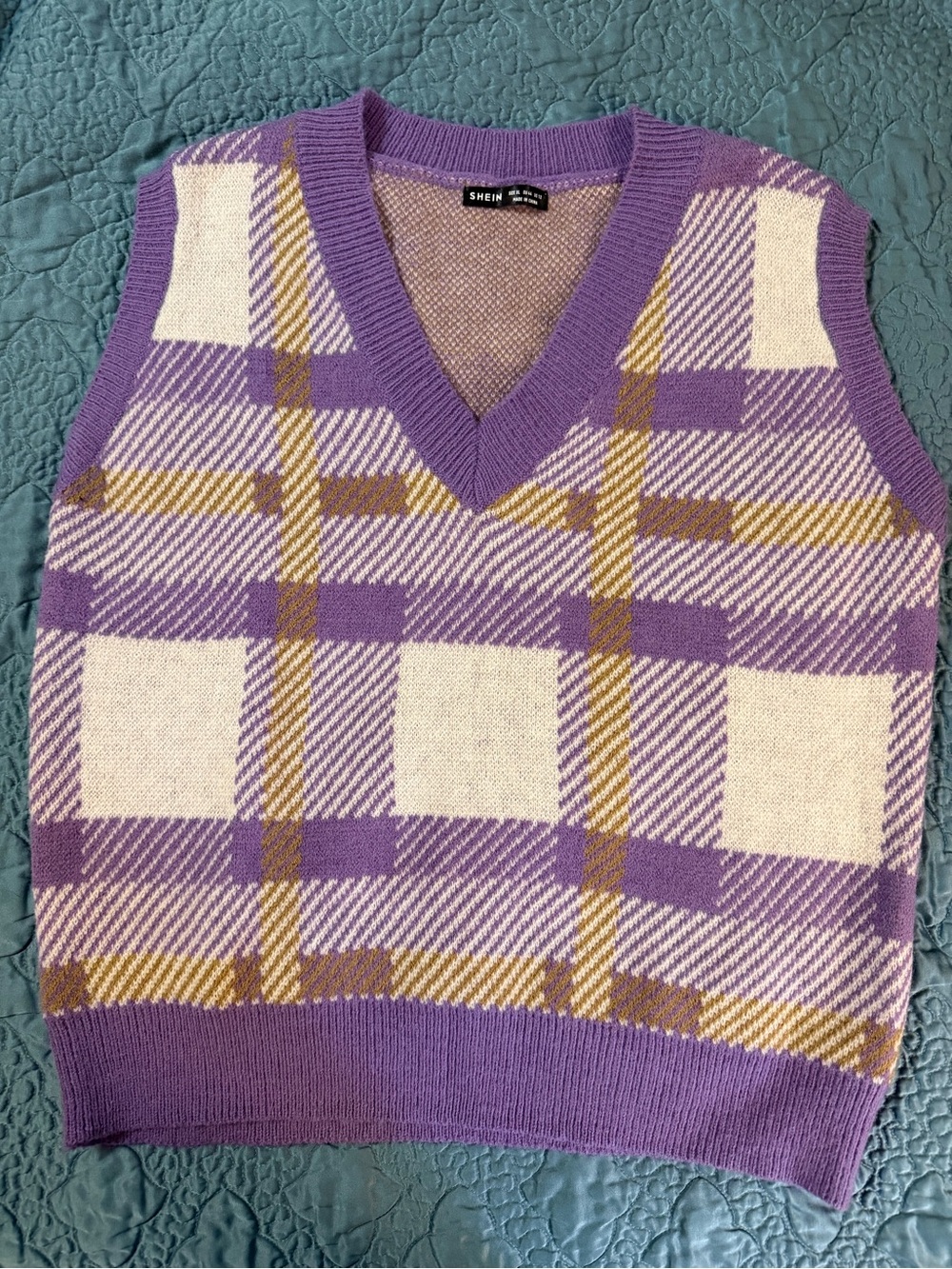 SHEIN Purple Plaid V-Neck Sweater Vest with Cream and Tan Stripes